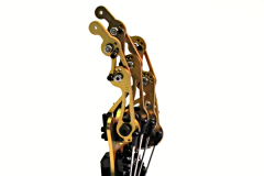 golden CNC machined aluminum robotic hand showing servos and hardware on a polished display stand