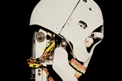 animatronic abraham lincoln with silicone skin removed to show all the composite skull and mechanisms and servos and CNC plasma cut steel frame