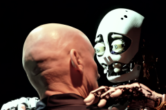 animatronic artist performance on stage robot interacting with performer in live stage performance puppetry animatronic art