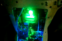 animatronic figure with back panel removed showing internal mechanisms and electronics for a full sized human robotic animatronic figure