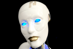 Custom white silicone female robotic face — smooth realistic skin texture, subtle facial features, mechanical joints visible at the neck, built by Custom Entertainment Solutions