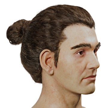 Custom android doppelganger head—realistic silicone skin, brown topknot hair, male profile with neutral expression—built by Custom Entertainment Solutions