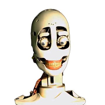 Custom white composite animatronic skull and shoulders—plasma-cut CNC parts, blue glowing eyes with eyelids, smooth machined finish by Custom Entertainment Solutions