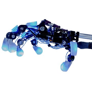 Mecha-te prototype robotic hand/arm—sleek black metal, see-through shield, articulated blue ends—hovering action shot