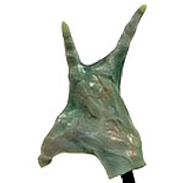 A close-up of a green silicone animatronic alien hand prototype, featuring three elongated fingers with subtle skin-like texture, claw-like tips, and a smooth, iridescent finish—mounted on a black stand, blending bio-inspired robotics with sci-fi aesthetics