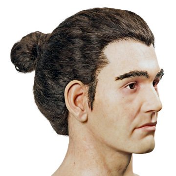 A side-profile close-up of a hyper-realistic male android prototype, featuring smooth silicone skin mimicking human texture, individually punched dark brown hair in a neat topknot bun, detailed eyebrows, stubble, and natural ear contours—designed as a magician or illusionist figure for entertainment robotics