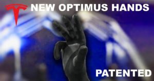 Tesla Optimus Gen 3 hand patent, black robotic hand with Tesla logo and text "New Optimus Hand Patented" against a blue and white technical background