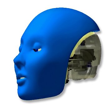 A 3D CAD rendering of a female android face with vibrant blue silicone skin, created from a high-resolution scan of an original Chavant NSP clay sculpture—displaying smooth, lifelike facial structure, subtle expressions, and clean lines—illustrating the use of computer-aided design for detailed planning and refinement prior to physical production in animatronics