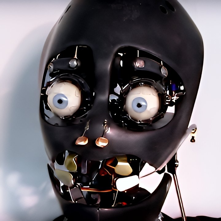 Custom animatronic robotic head prototype—matte black shell, exposed blue-eyed mechanisms, brass gears and wiring in open jaw.