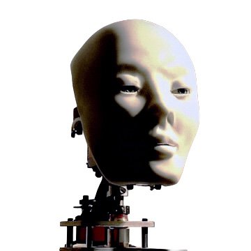A close-up of a female android face crafted from soft white silicone skin, displaying subtle human-like contours around eyes, nose, and mouth, with the back of the head and neck deliberately open to reveal intricate servos, cables, metal linkages, and precision motors—designed for realistic movement in entertainment robotics