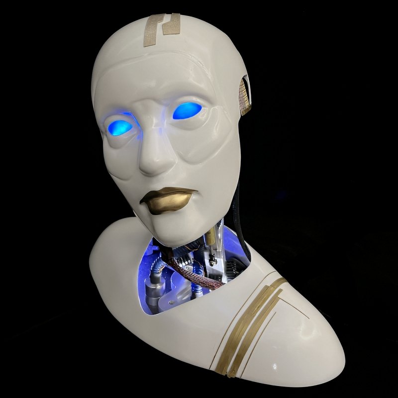 A close-up of a female android face crafted from soft white silicone skin, displaying subtle human-like contours around eyes, nose, and mouth, with the back of the head and neck deliberately open to reveal intricate servos, cables, metal linkages, and precision motors—designed for realistic movement in entertainment robotics