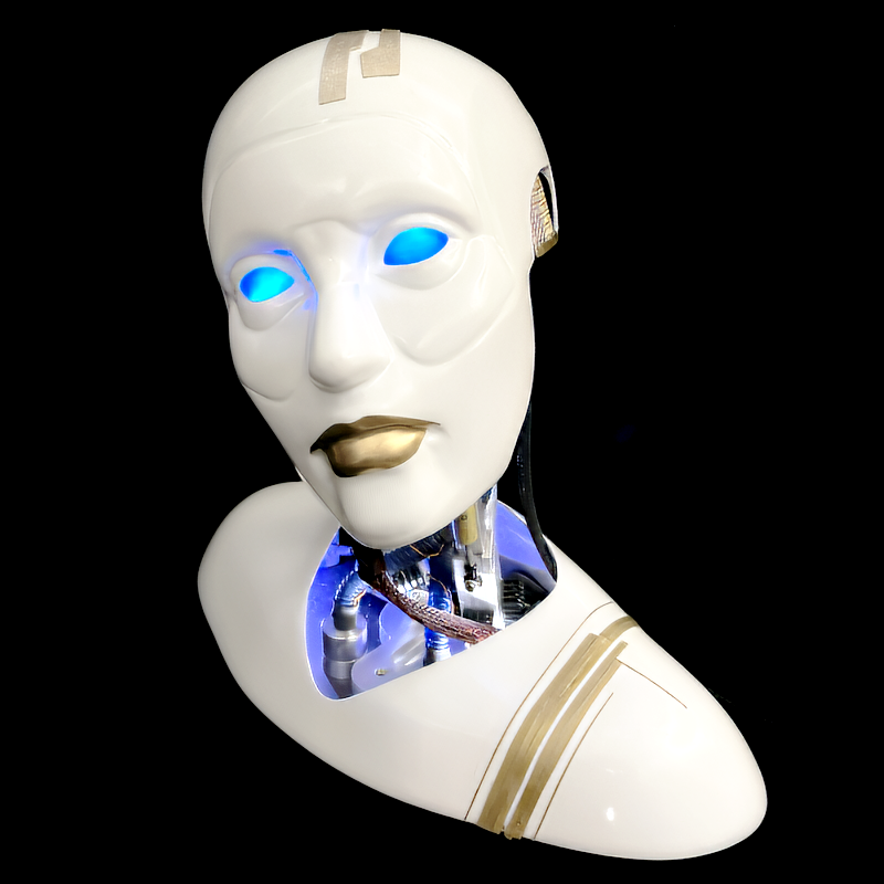 Custom white silicone female robotic face — smooth realistic skin texture, subtle facial features, mechanical joints visible at the neck, built by Custom Entertainment Solutions