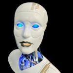 Custom white silicone female robotic face — smooth realistic skin texture, subtle facial features, mechanical joints visible at the neck, built by Custom Entertainment Solutions