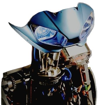 A detailed view of a sleek, shiny blue humanoid robot's head and upper torso, featuring a large petal-like blue visor, intense glowing blue eye lights, and intricate exposed wiring, circuits, and metallic joints along the neck and shoulders