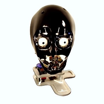 A close-up of a black composite-material robotic head featuring lifelike eyeballs with detailed irises, subtle eyelids for blinking, exposed brass paddles on the cheeks for facial actuation, visible wiring and servos, and a sturdy CNC-machined aluminum mounting base—advanced humanoid animatronic design for entertainment or research