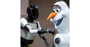 Tesla Optimus robot meeting Disney Olaf animatronic - humanoid robot vs theme park animatronics