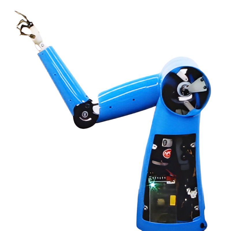Side view of custom blue robot arm showing internal motors, servos, power supplies and cooling fans with animatronic hand in hang loose pose