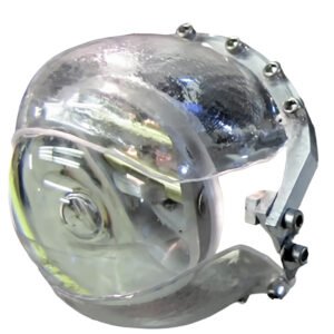 Glass animatronic eyeball with clear vacuum-formed plastic eyelids on CNC aluminum frame, hardware visible