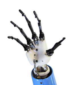 CNC machined black aluminum fingers with white SLA 3D printed palm and blue composite forearm on a hybrid robotic hand Title: