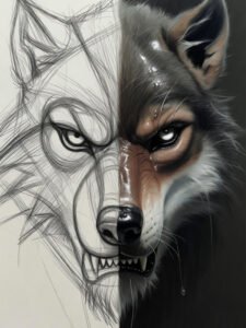 Werewolf monster design showing a pencil sketch next to the finished sculpted creature